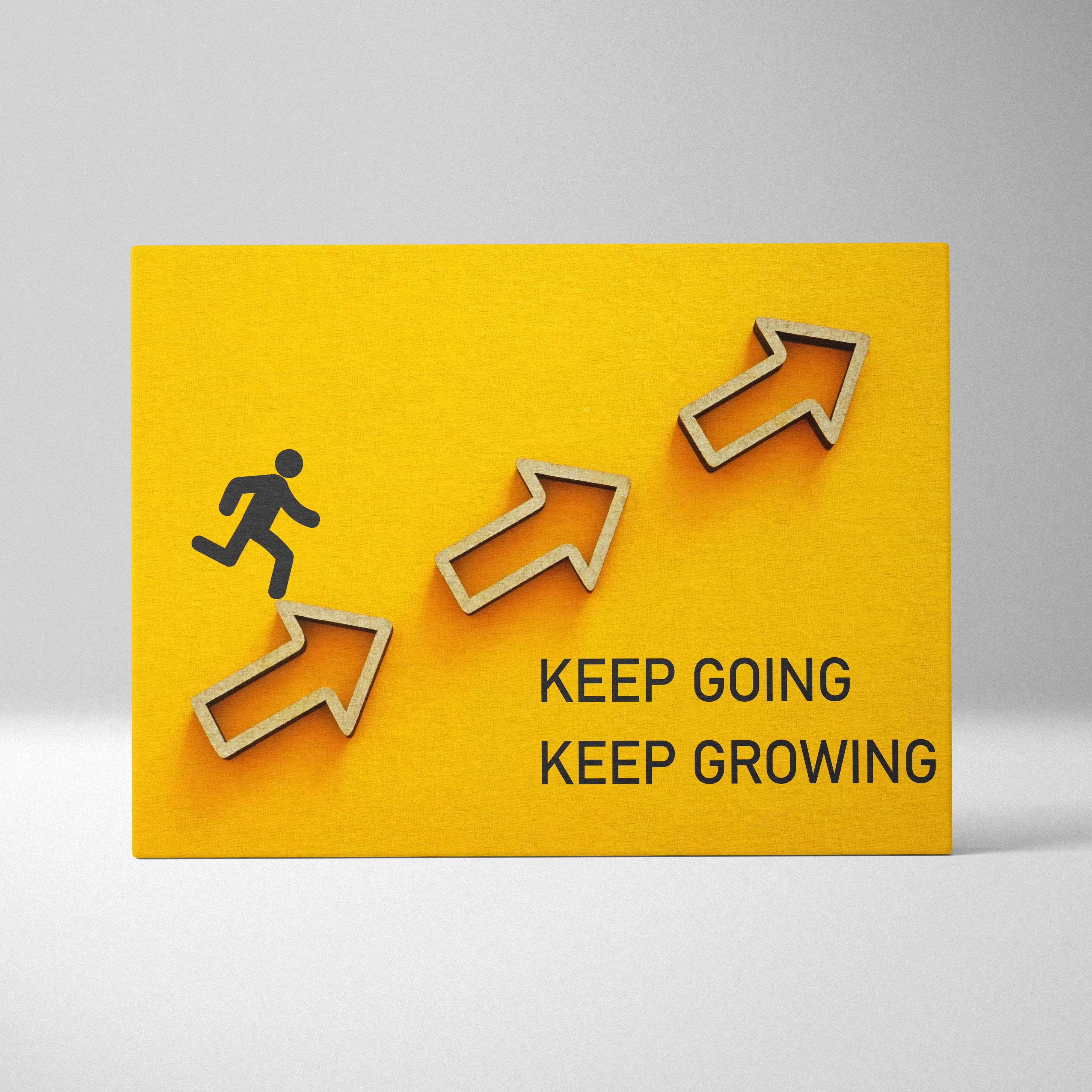 Keep going keep growing motivational wall art print with yellow arrows and running silhouette for office gym or home decor