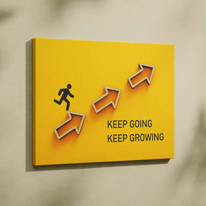Keep going keep growing motivational wall art print with yellow background black running silhouette and wood-tone arrows