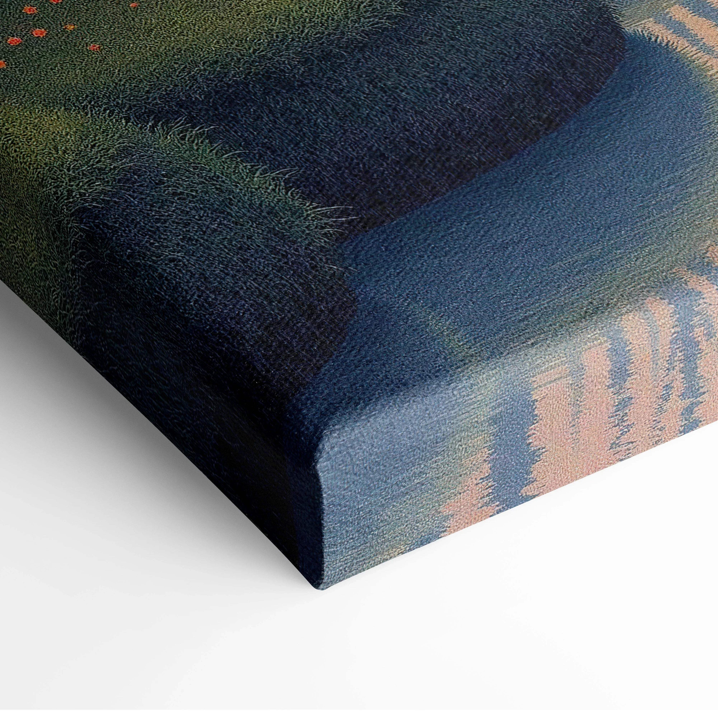 Canvas wall art featuring a serene autumn forest with deep blue shadows and warm orange highlights.