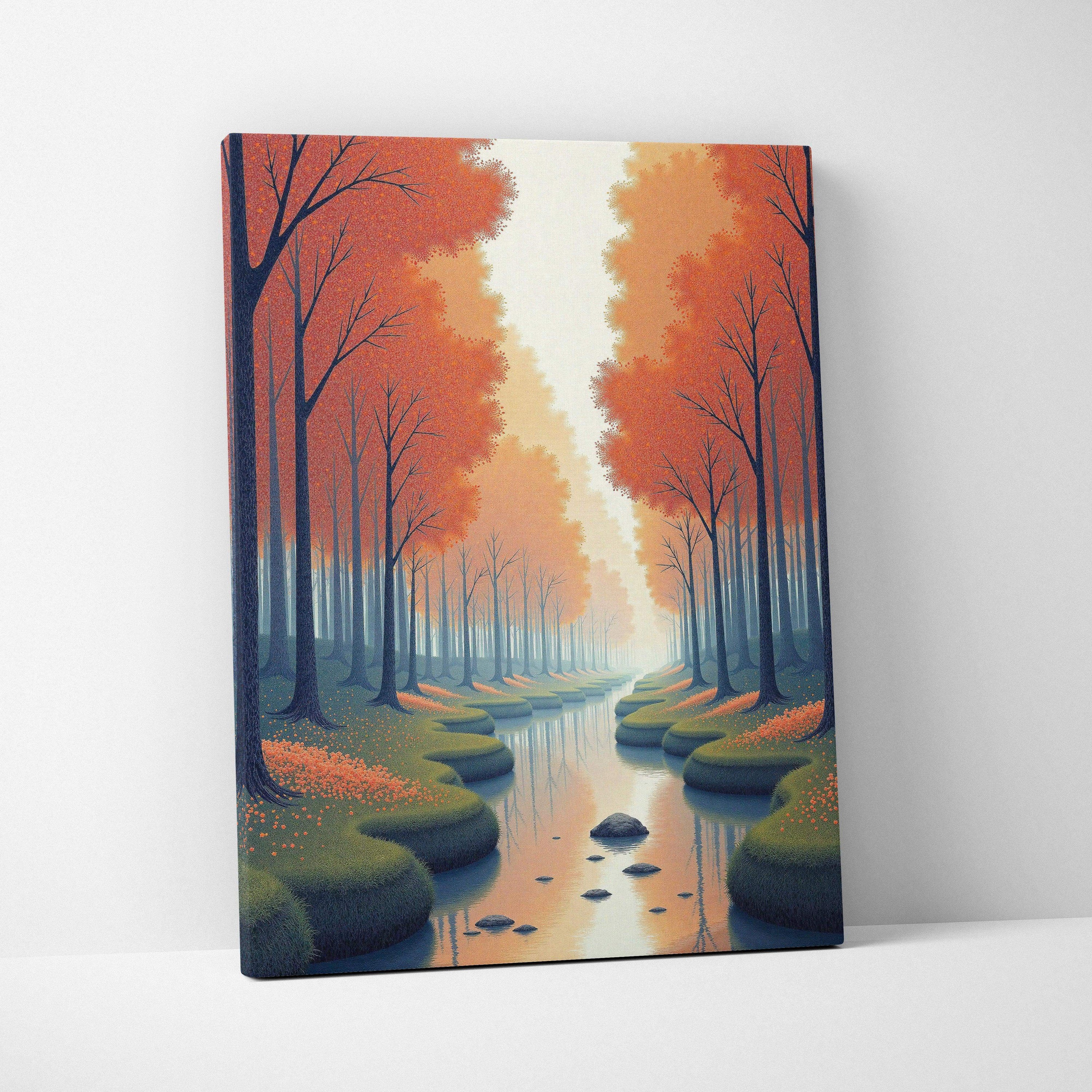 Canvas wall art featuring a tranquil autumn forest with orange trees and a reflective stream.