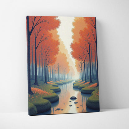 Canvas wall art featuring a tranquil autumn forest with orange trees and a reflective stream.