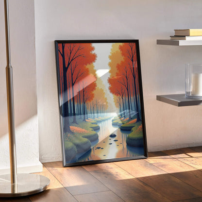 Autumn forest digital art poster with tall orange trees and winding river, vertical wall art.