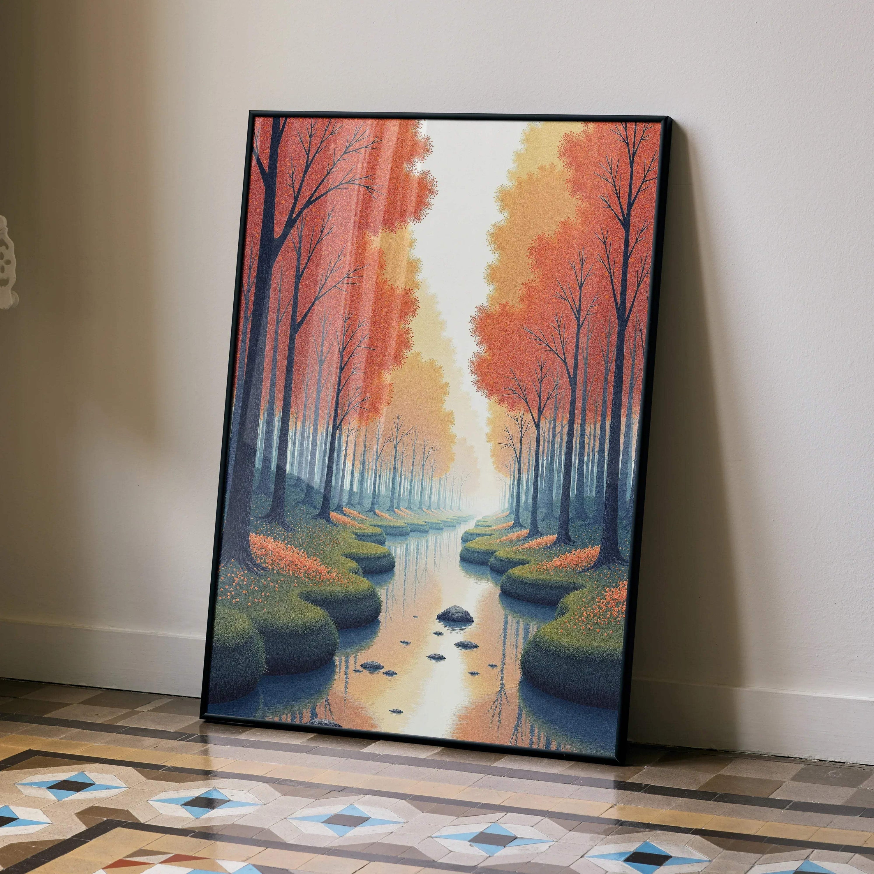 Autumn digital art poster with a serene forest scene and winding creek in warm fall colors.