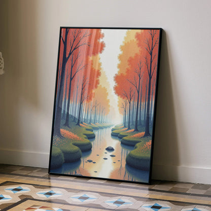 Autumn digital art poster with a serene forest scene and winding creek in warm fall colors.
