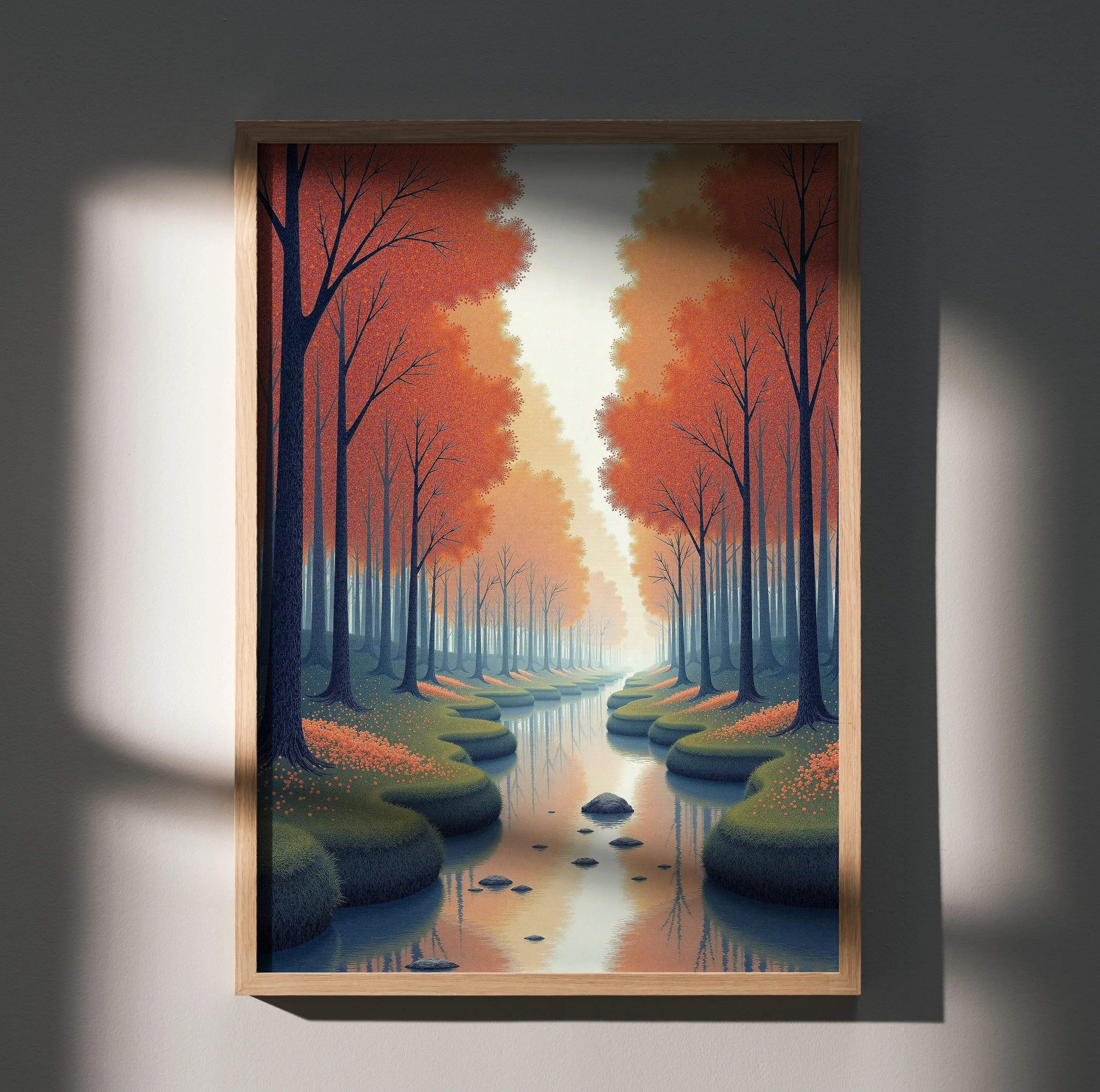 Autumn forest digital art poster with orange trees and reflective river, vertical wall art.