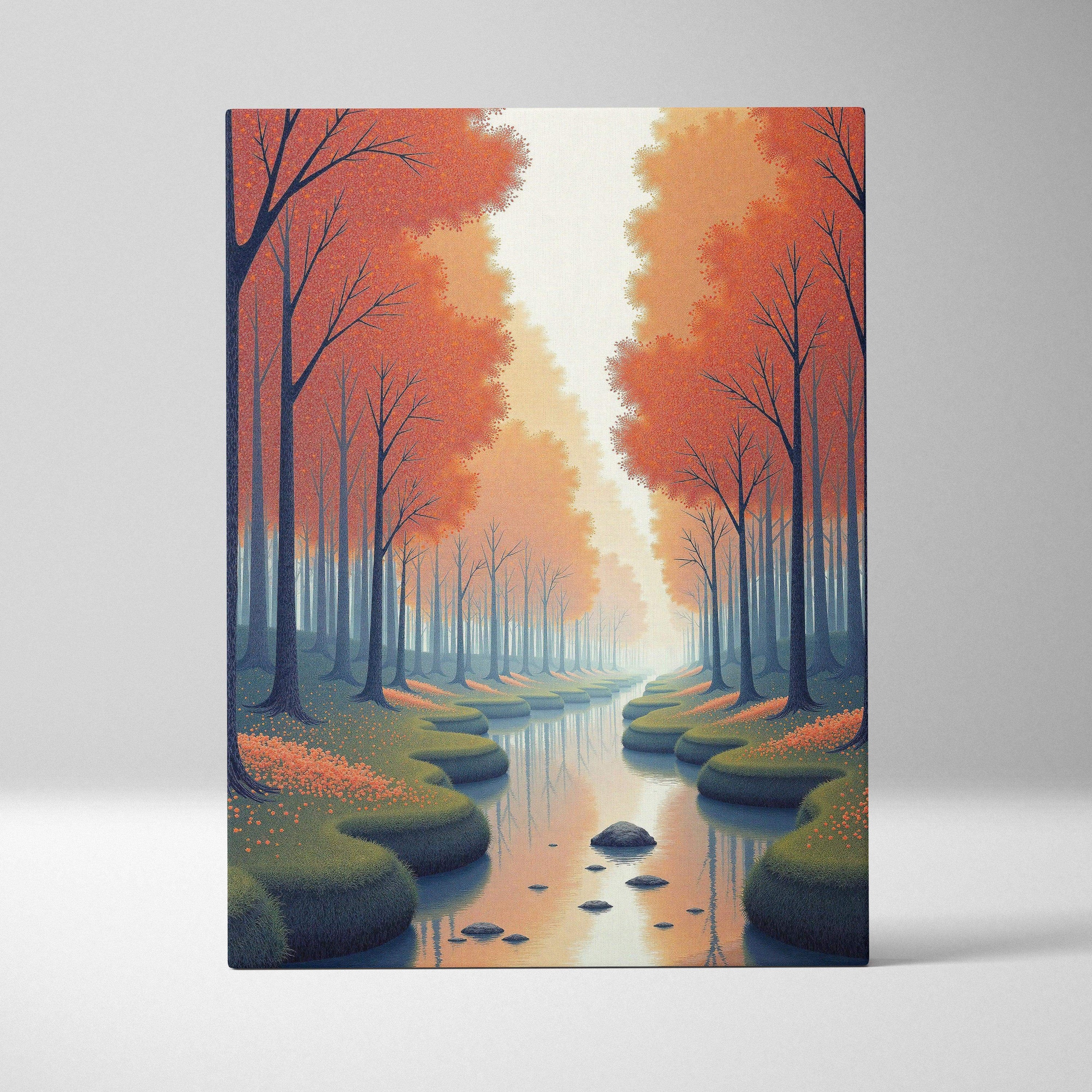 Vertical canvas wall art featuring a calm forest stream with autumn orange trees and soft green moss banks.