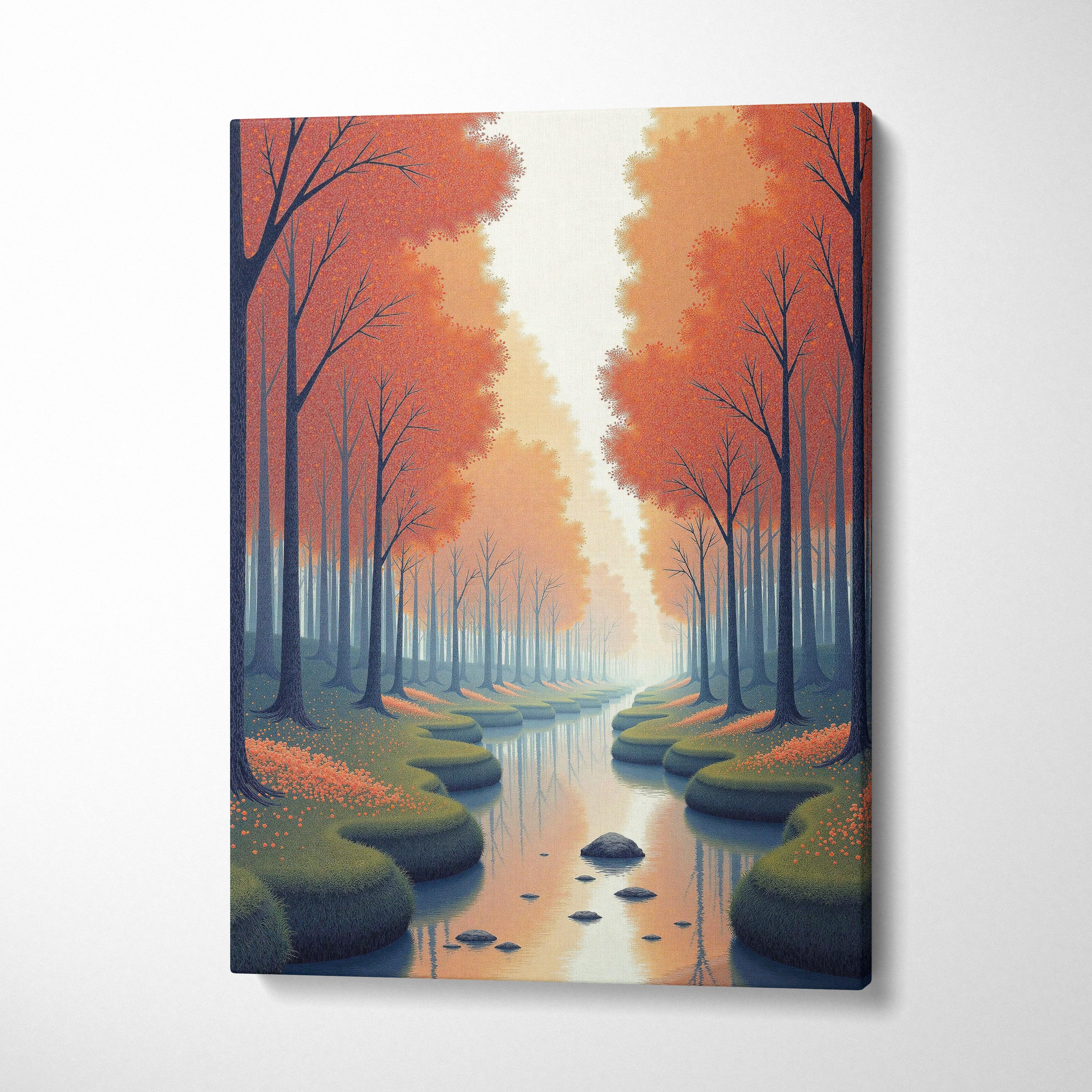 Autumn forest canvas wall art with orange trees and a reflective stream in a vertical layout.