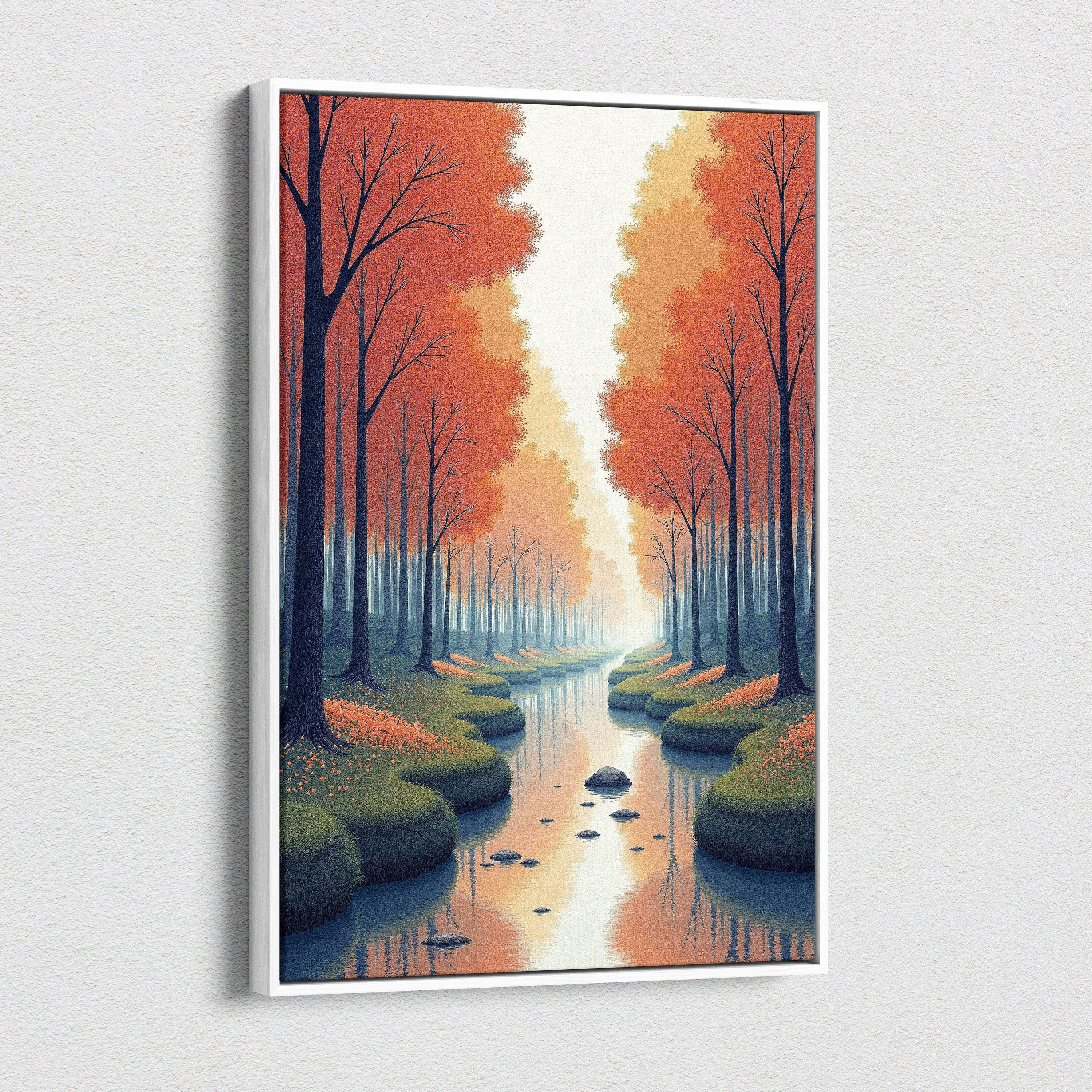 Vertical canvas wall art featuring a serene autumn forest with orange trees and a reflective stream.