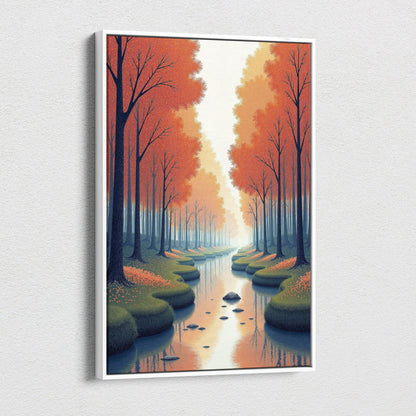 Vertical canvas wall art featuring a serene autumn forest with orange trees and a reflective stream.