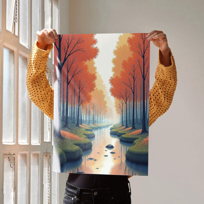 Autumn forest digital art poster with vibrant orange trees and a reflective stream, vertical wall art.