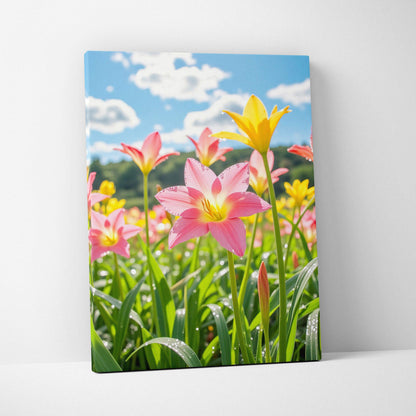 Bright pink and yellow floral canvas wall art with green stems under a blue sky.