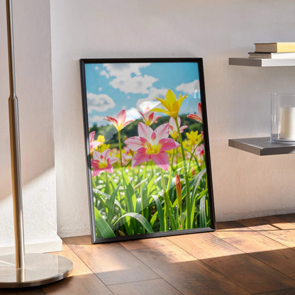 Vertical floral digital art poster with pink lilies and green leaves against a blue sky wall art.