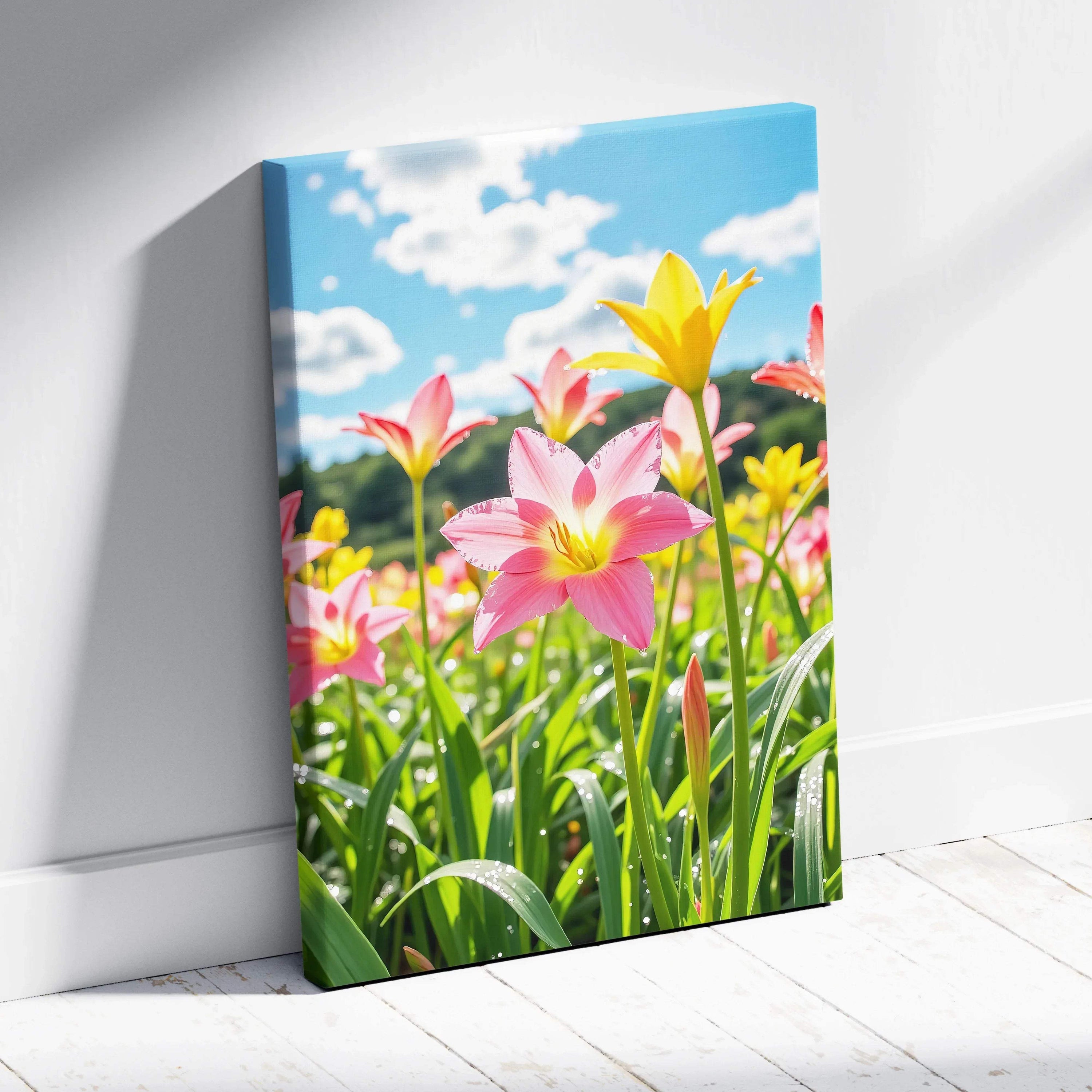 Vibrant canvas wall art featuring pink and yellow lilies under a bright blue sky with scattered clouds.
