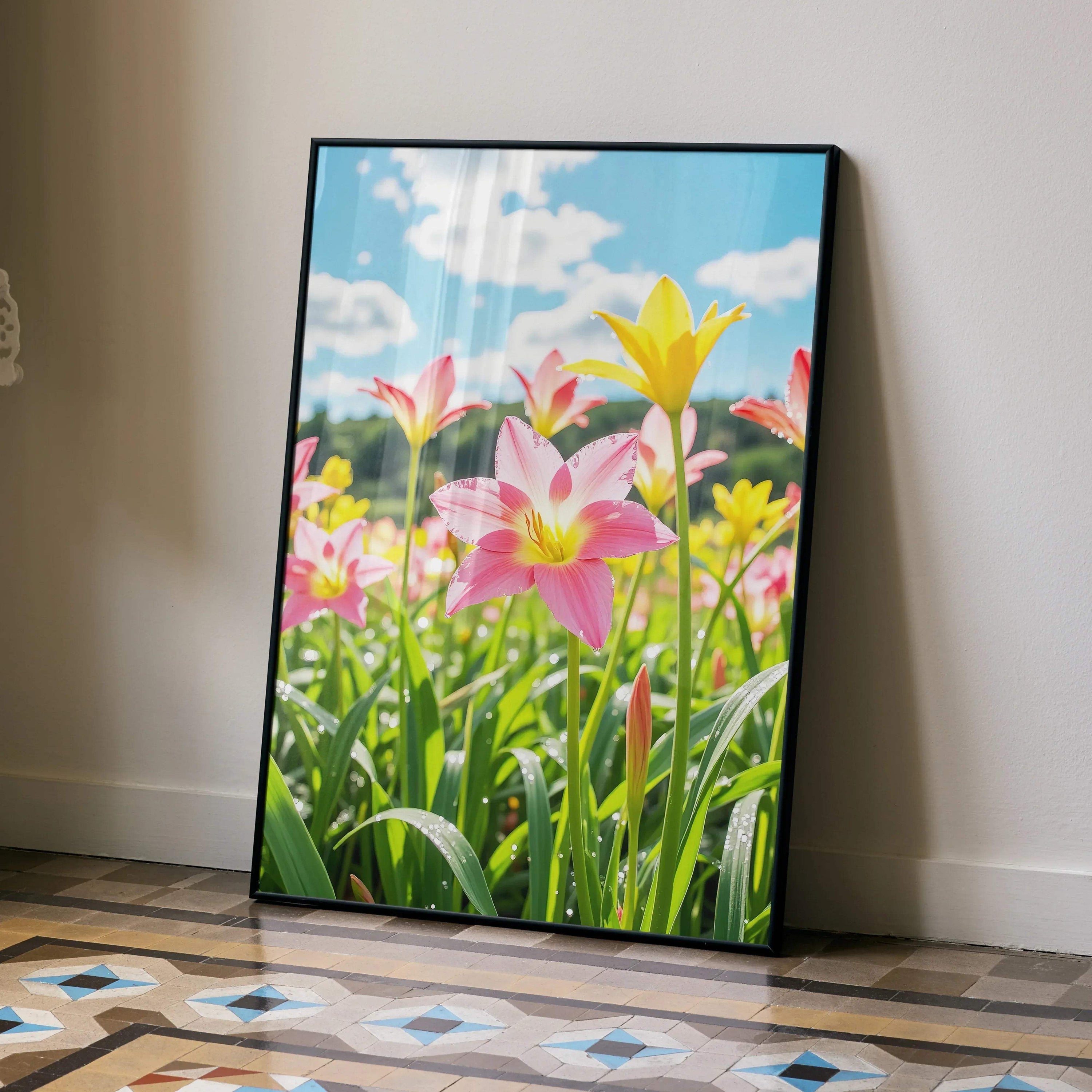 Vertical floral digital art poster with pink and yellow flowers under blue sky wall art.