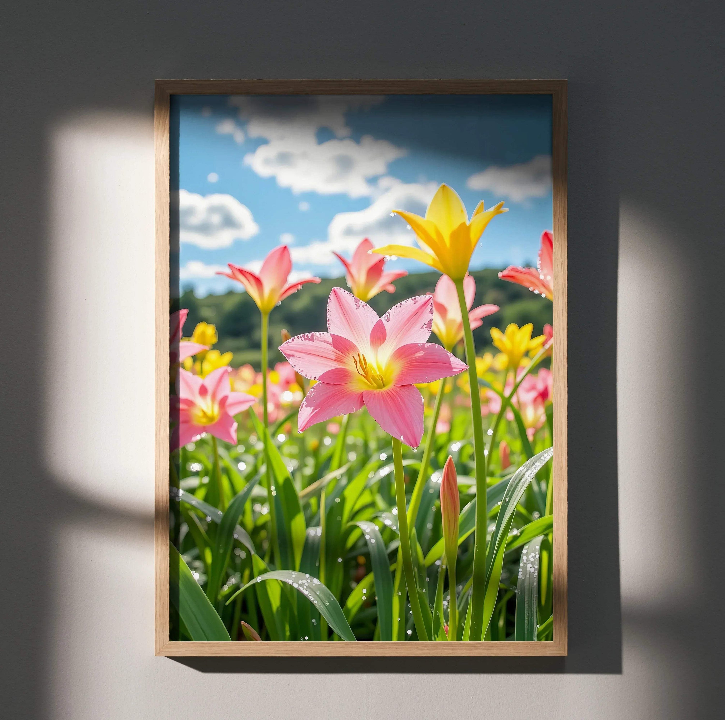 Vertical floral digital art poster featuring pink and yellow flowers under a blue sky, wall art with vibrant nature theme.