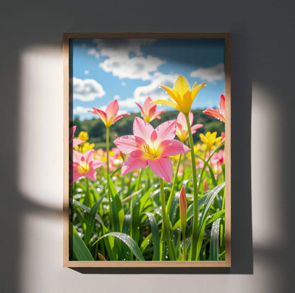 Vertical floral digital art poster featuring pink and yellow flowers under a blue sky, wall art with vibrant nature theme.