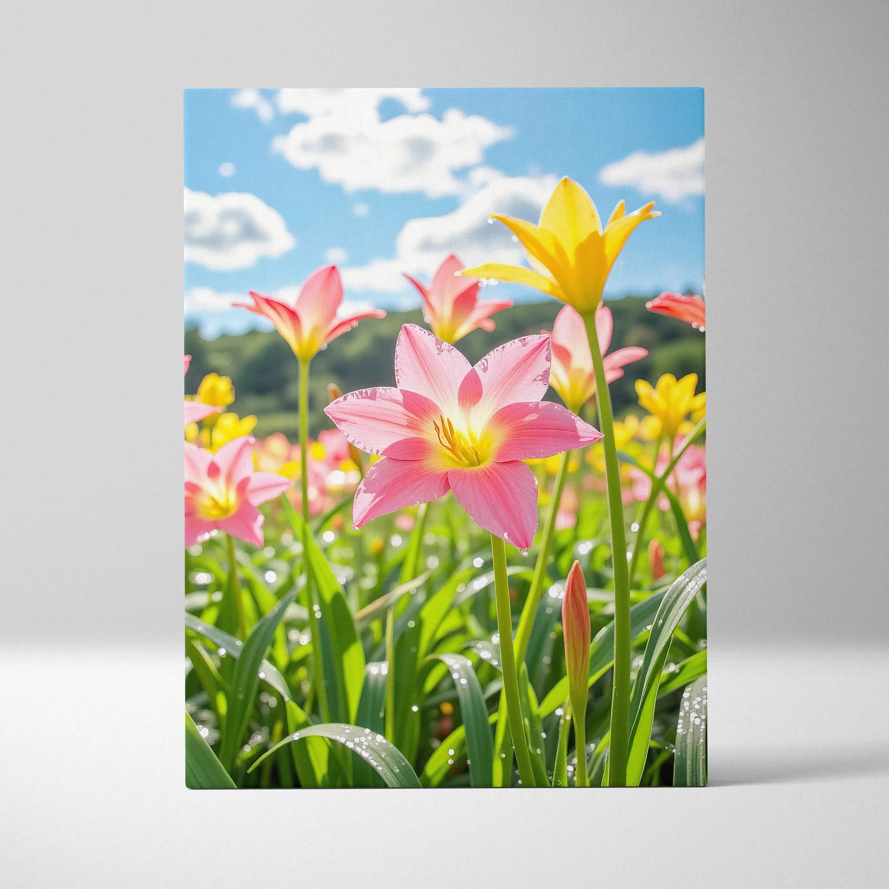 Vibrant floral canvas wall art featuring pink and yellow flowers under a blue sky with clouds.