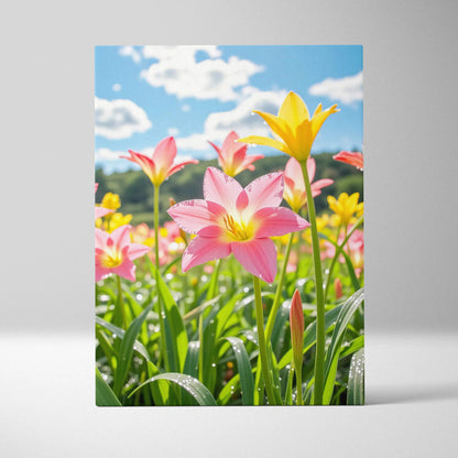 Vibrant floral canvas wall art featuring pink and yellow flowers under a blue sky with clouds.