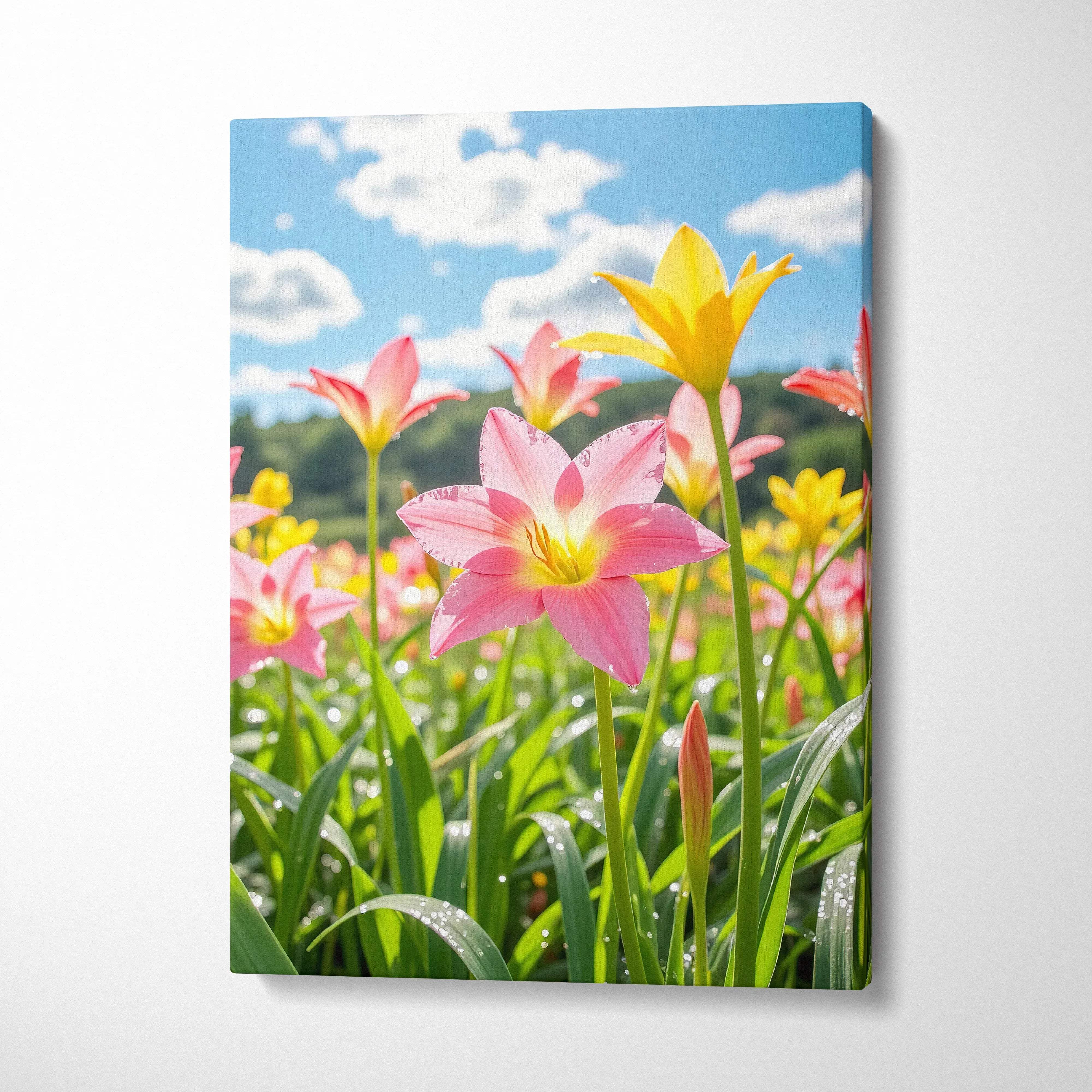 Vertical canvas wall art featuring vibrant pink and yellow lilies under a blue sky.