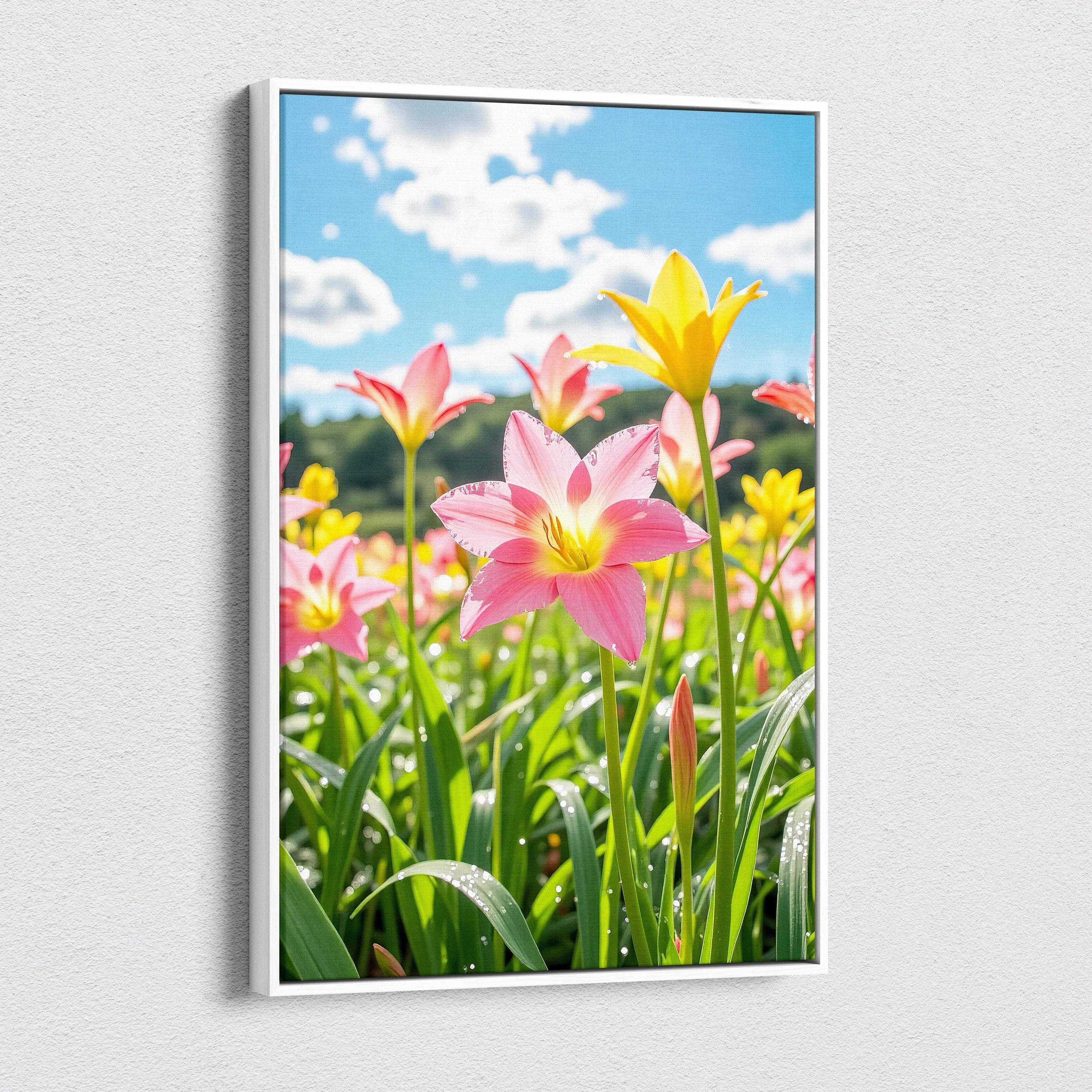 Vertical canvas wall art featuring vibrant pink and yellow lilies against a bright blue sky.