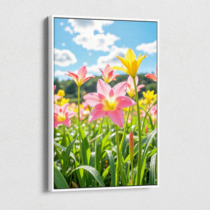 Vertical canvas wall art featuring vibrant pink and yellow lilies against a bright blue sky.