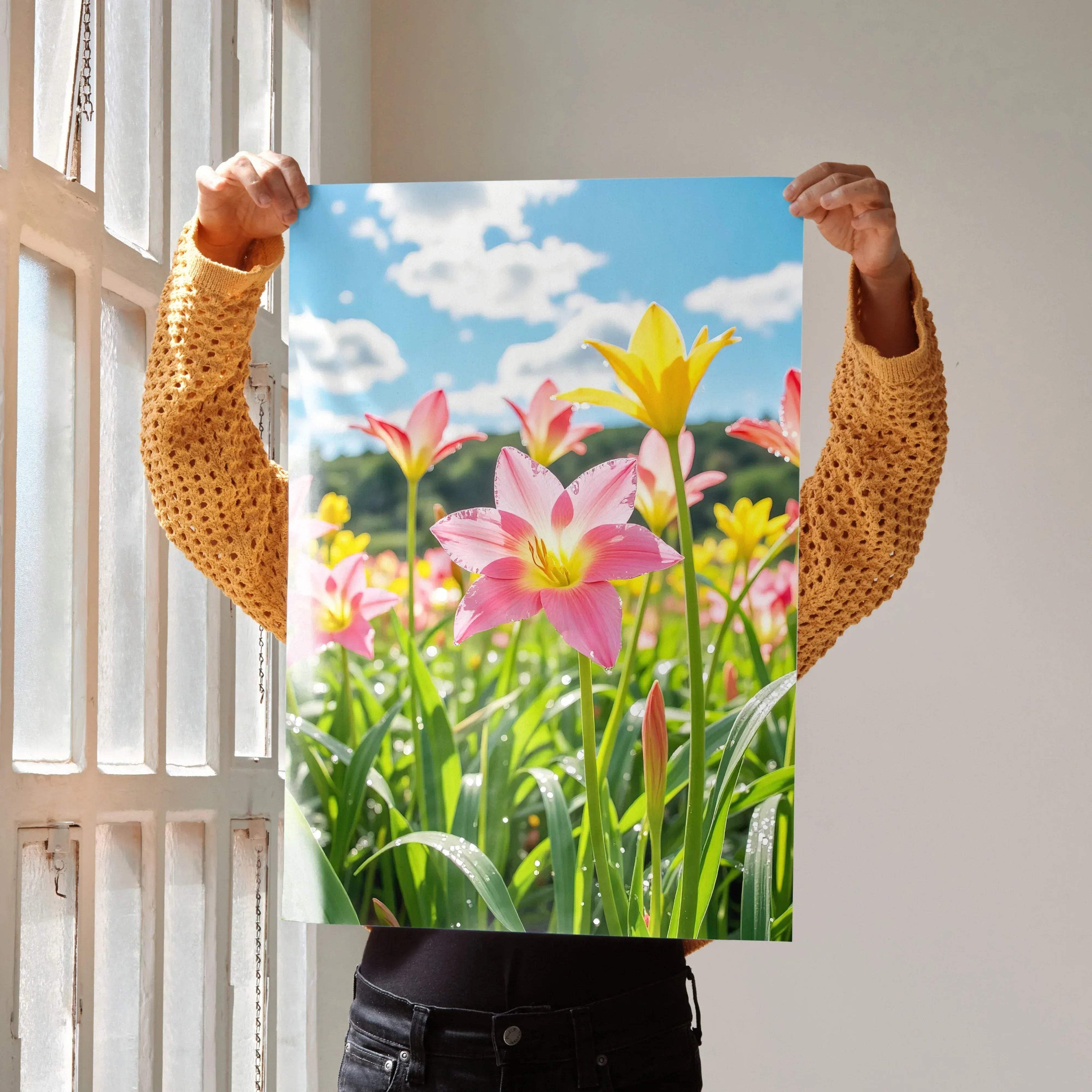 Vertical floral poster featuring vibrant pink and yellow lilies under a bright blue sky wall art.
