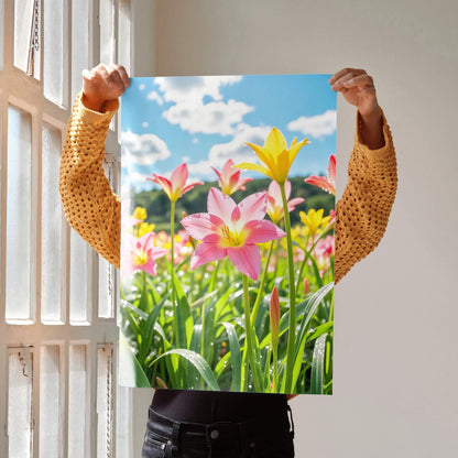 Vertical floral poster featuring vibrant pink and yellow lilies under a bright blue sky wall art.