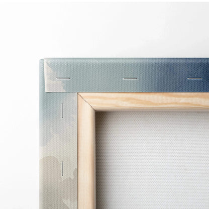 Close-up of wooden frame and stretched canvas texture on watercolor mountain wall art print.
