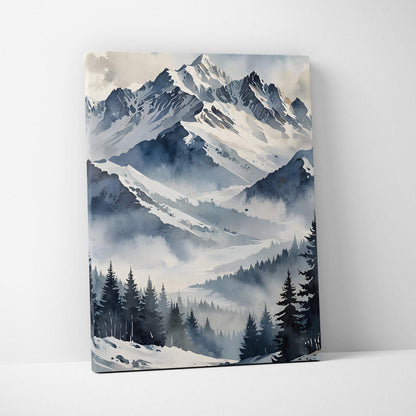 Snowy mountain landscape watercolor art on vertical canvas wall art with pine trees and mist.