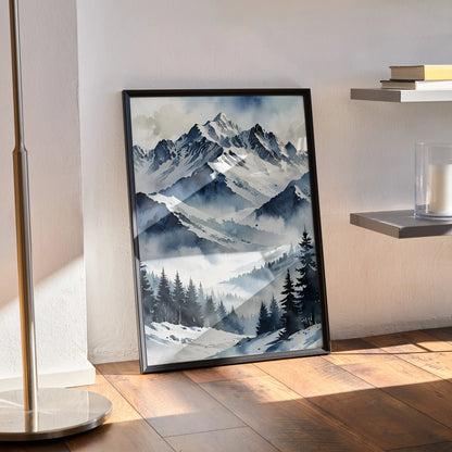 Watercolor style poster wall art featuring snowy mountains with pine trees in cool blue and gray tones.