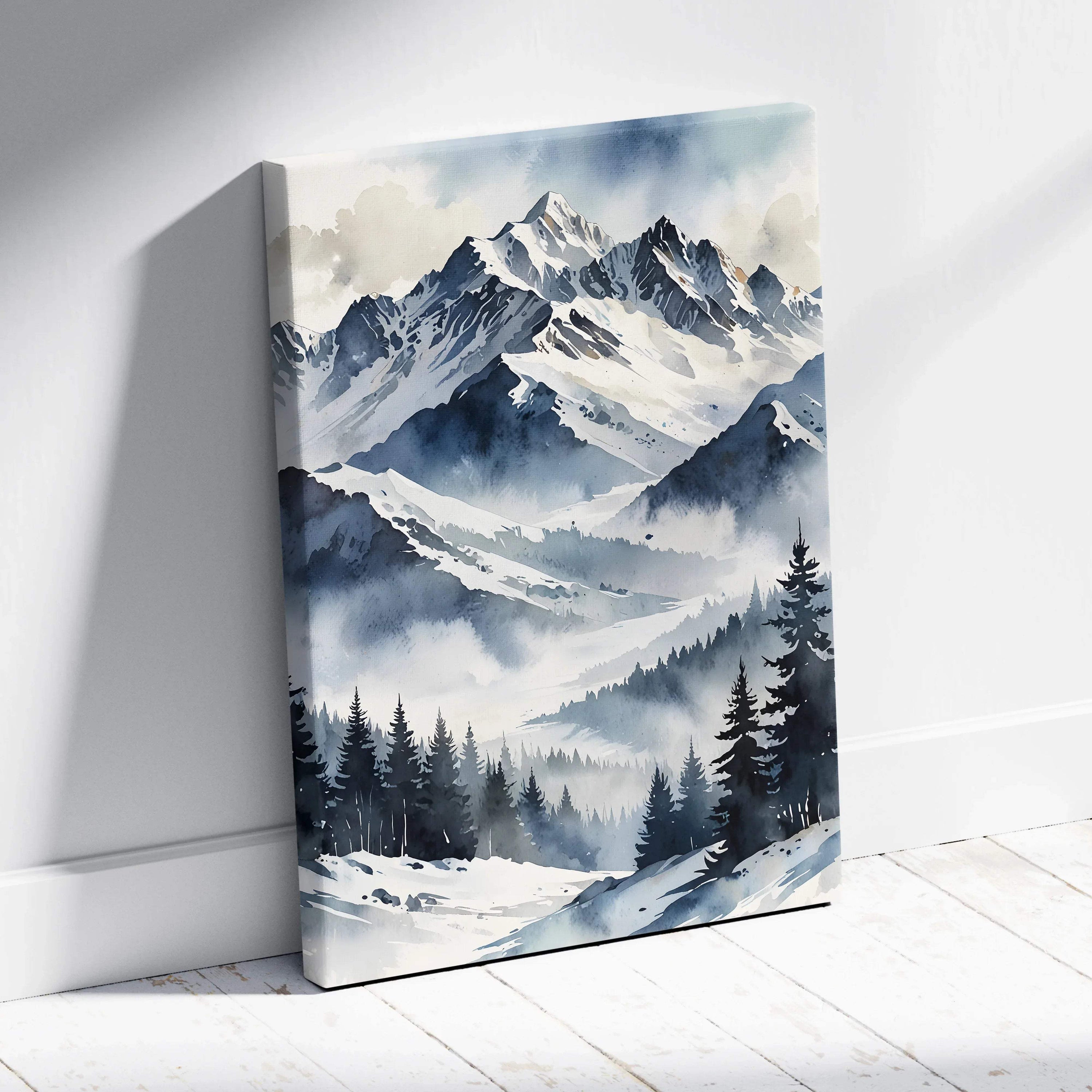 Snowy mountain watercolor canvas wall art with misty pine forest in blue tones.