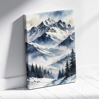 Snowy mountain watercolor canvas wall art with misty pine forest in blue tones.