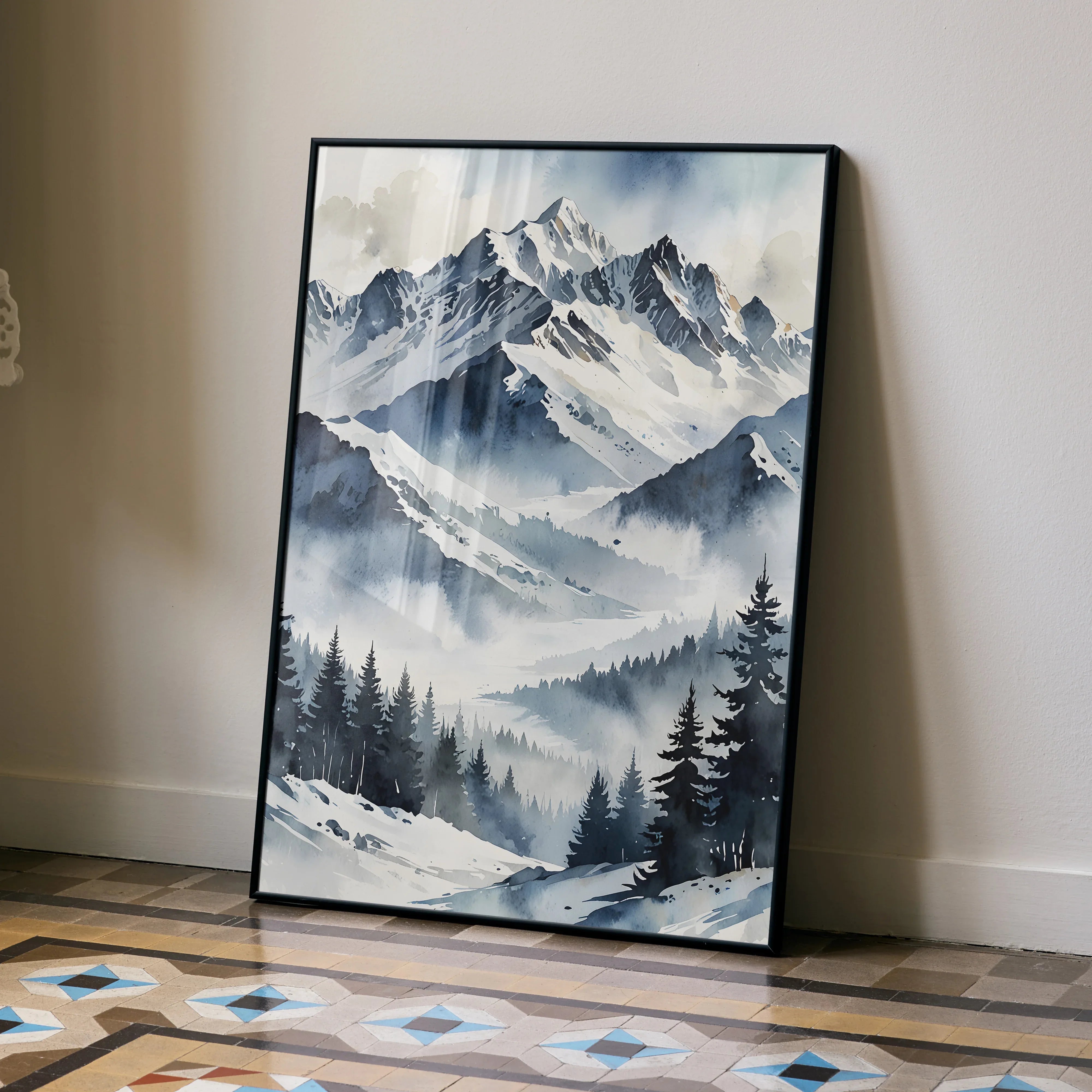 Vertical watercolor style poster of snowy mountain peaks with mist and pine trees, nature wall art.