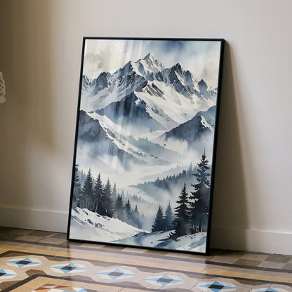Vertical watercolor style poster of snowy mountain peaks with mist and pine trees, nature wall art.