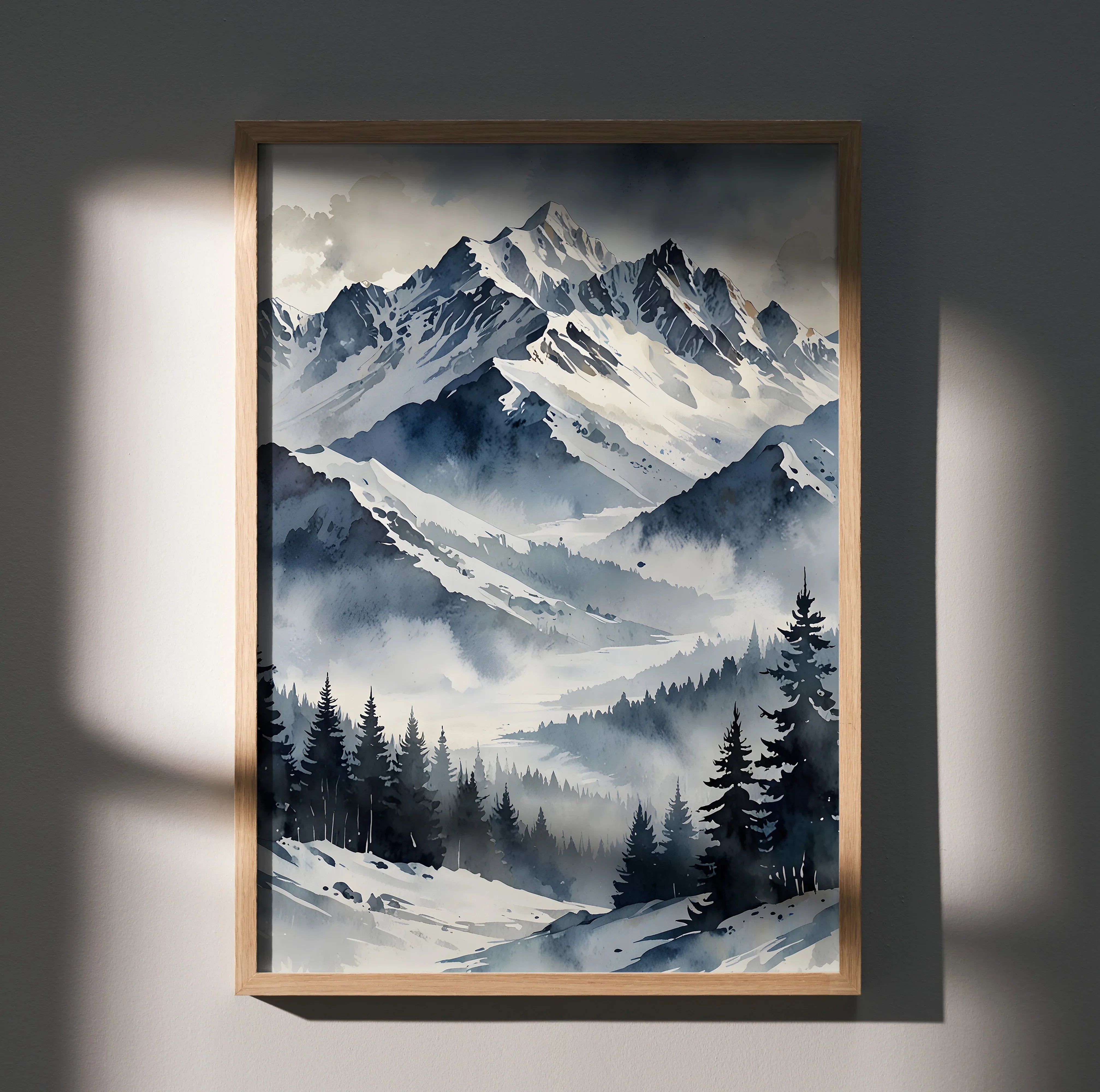 Snowy mountain landscape poster with watercolor-style pine trees and mist, vertical wall art.