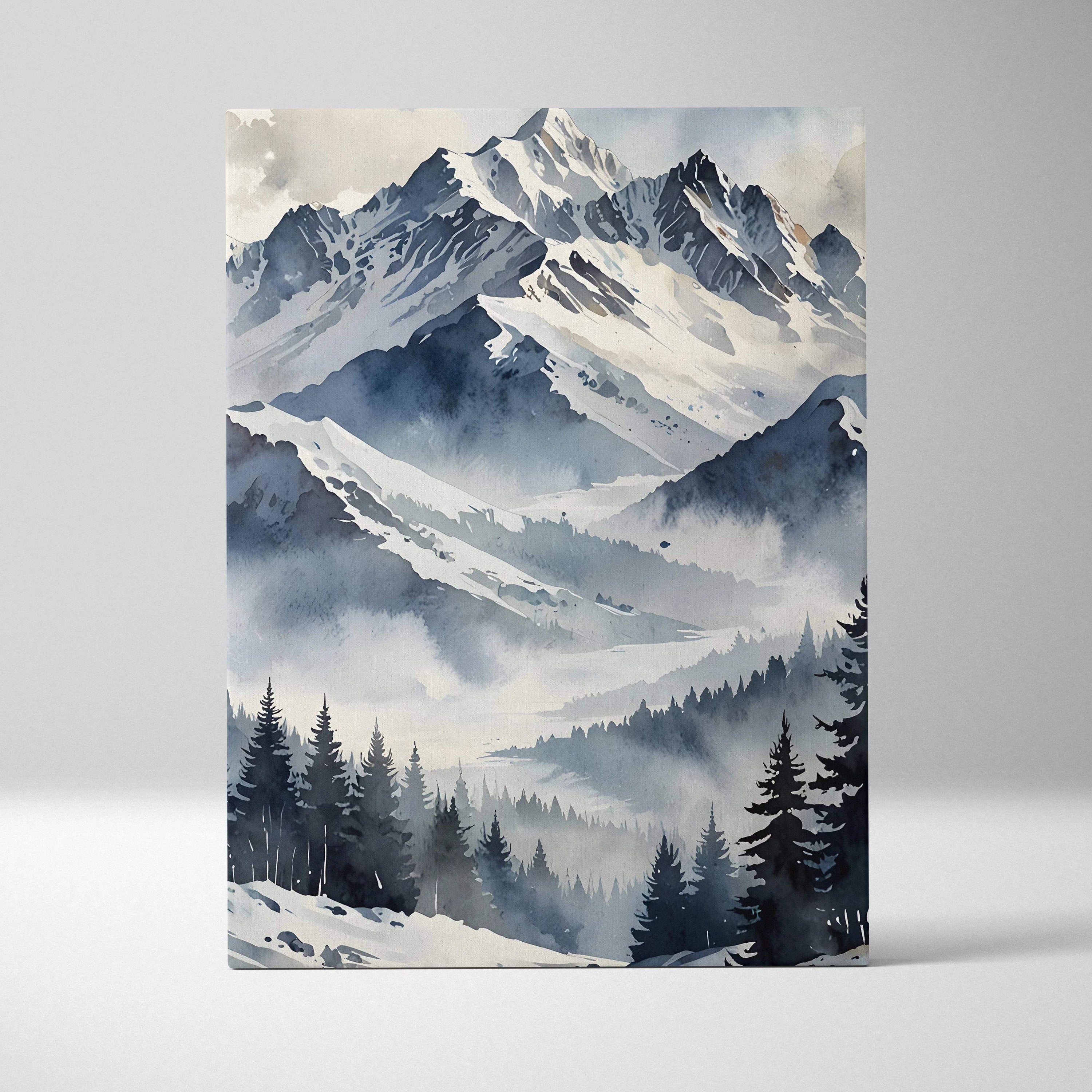 Vertical snowy mountain scene watercolor canvas wall art with pine trees and mist.