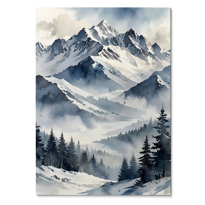 Vertical watercolor style snowy mountain landscape poster with pine trees and misty valley wall art.