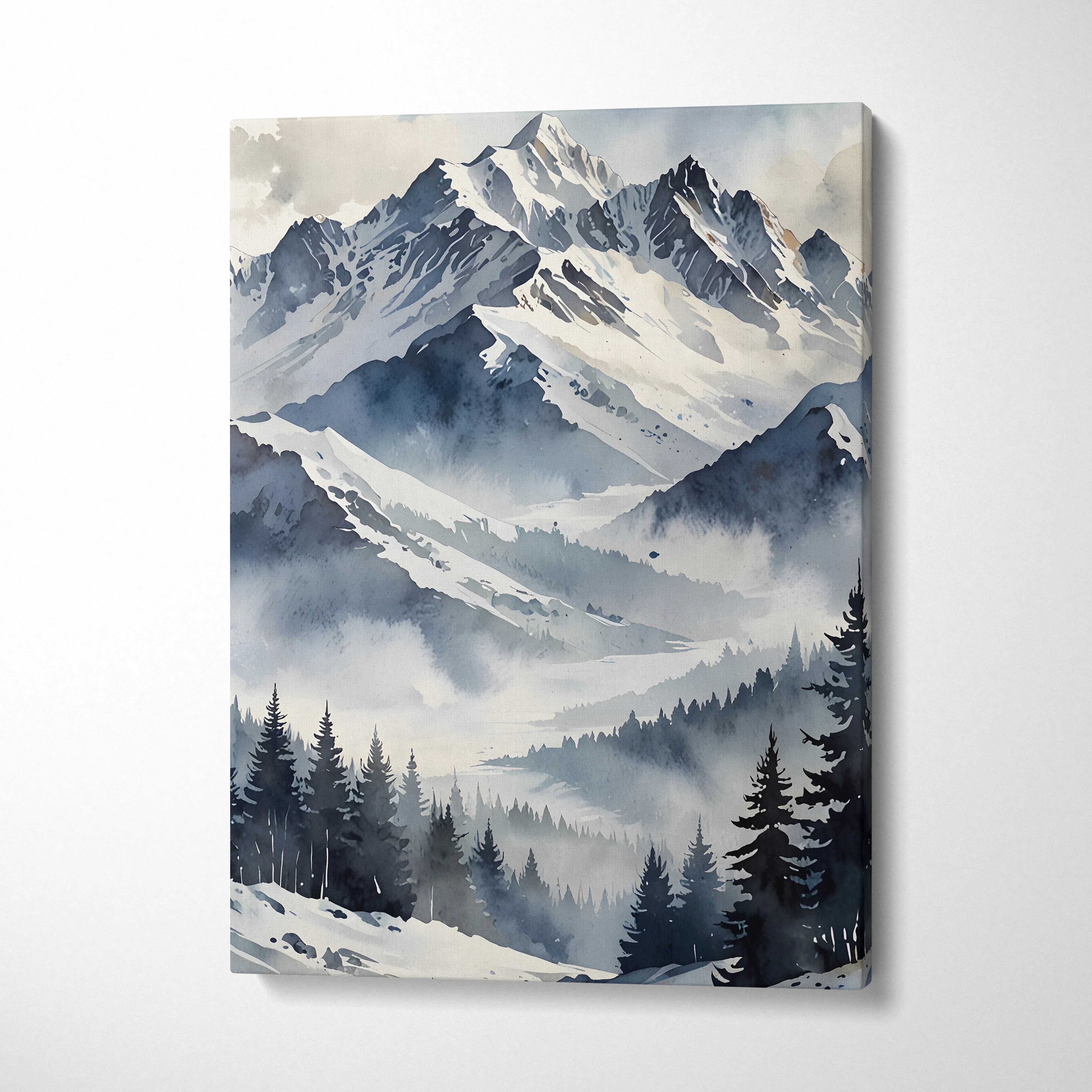 Vertical canvas wall art featuring a snowy mountain landscape in soft watercolor tones.