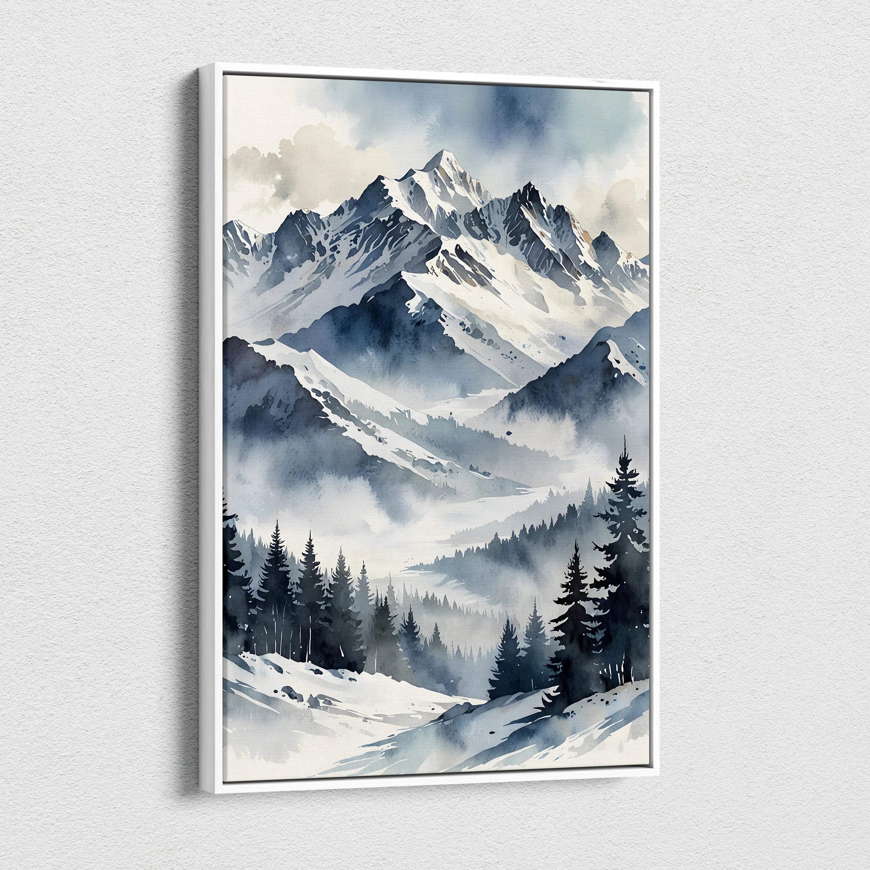 Snowy mountain range watercolor art on vertical canvas wall art with pine trees.