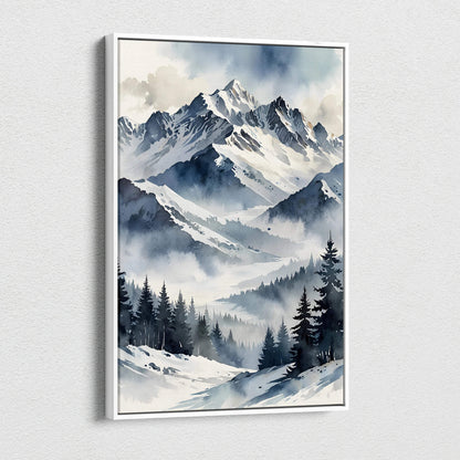 Snowy mountain range watercolor art on vertical canvas wall art with pine trees.