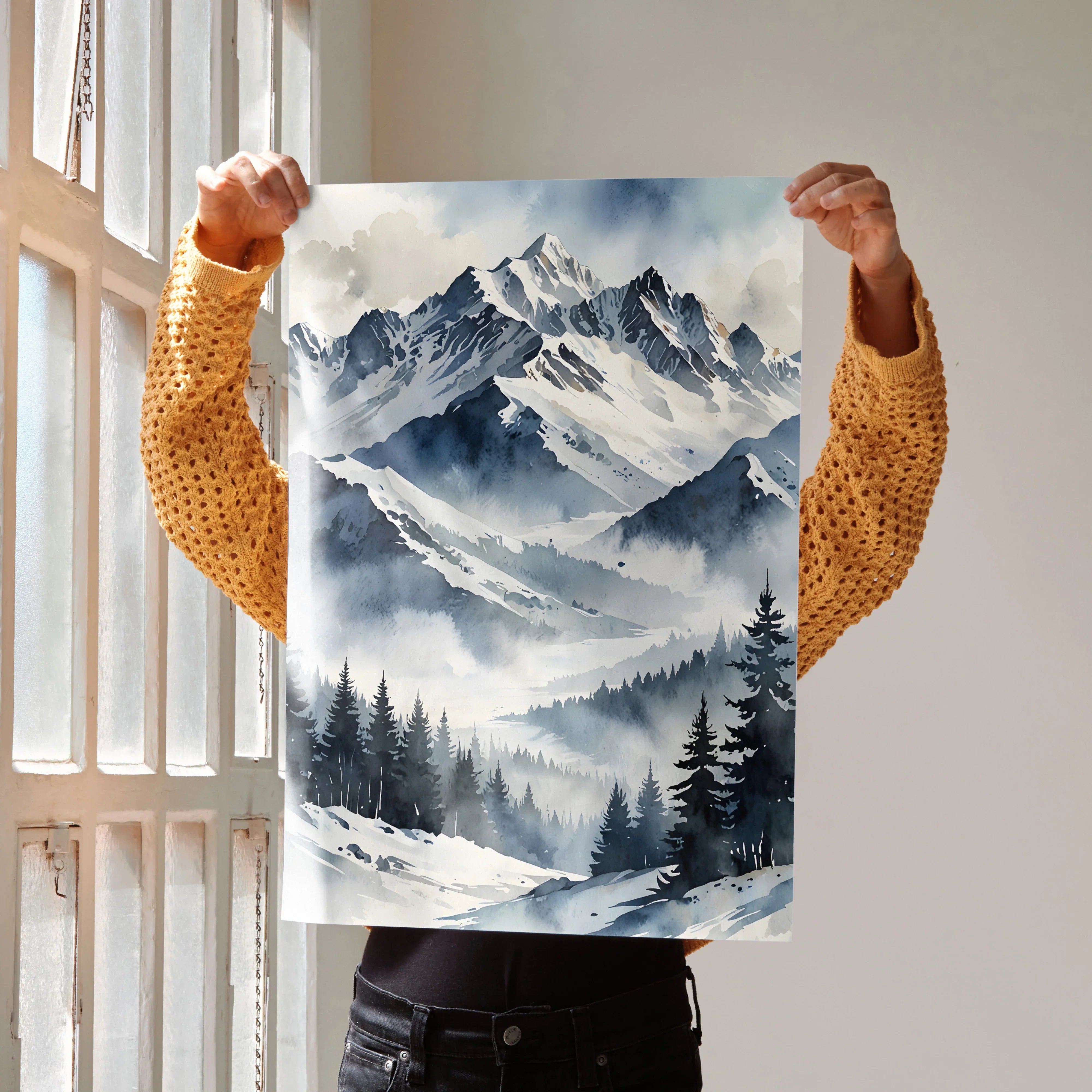 Watercolor style poster featuring snowy mountain peaks and pine trees in misty nature wall art.