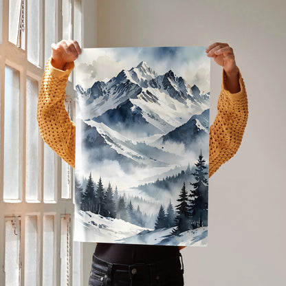 Watercolor style poster featuring snowy mountain peaks and pine trees in misty nature wall art.