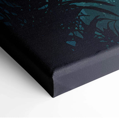 Close-up of dark forest-themed canvas wall art with deep blue and black tones.