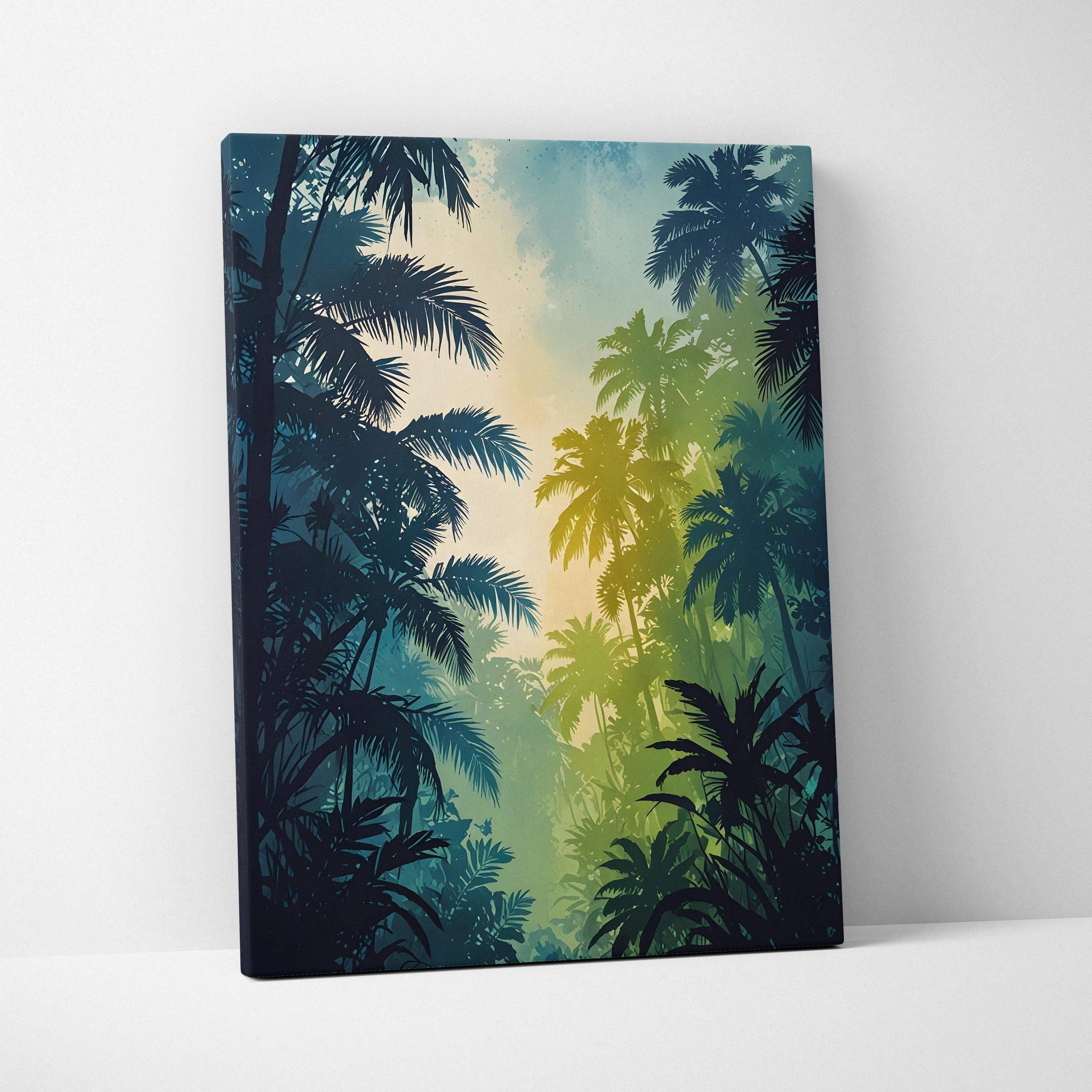 Vertical canvas wall art featuring a misty forest with layered palm trees in blue and green tones.