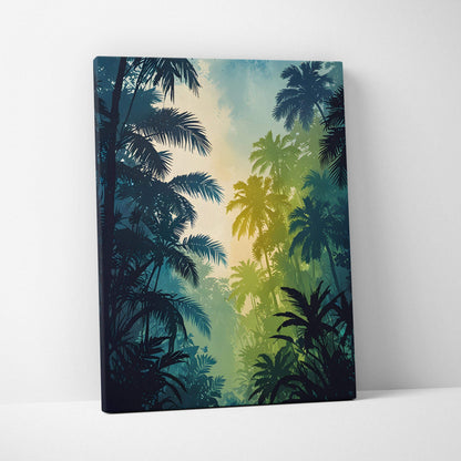 Vertical canvas wall art featuring a misty forest with layered palm trees in blue and green tones.