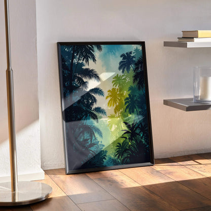 Watercolor style forest poster with layered palm silhouettes in green and blue tones, vertical wall art.