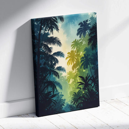 Vertical canvas wall art featuring a tranquil forest scene with layered tree silhouettes and soft light rays.