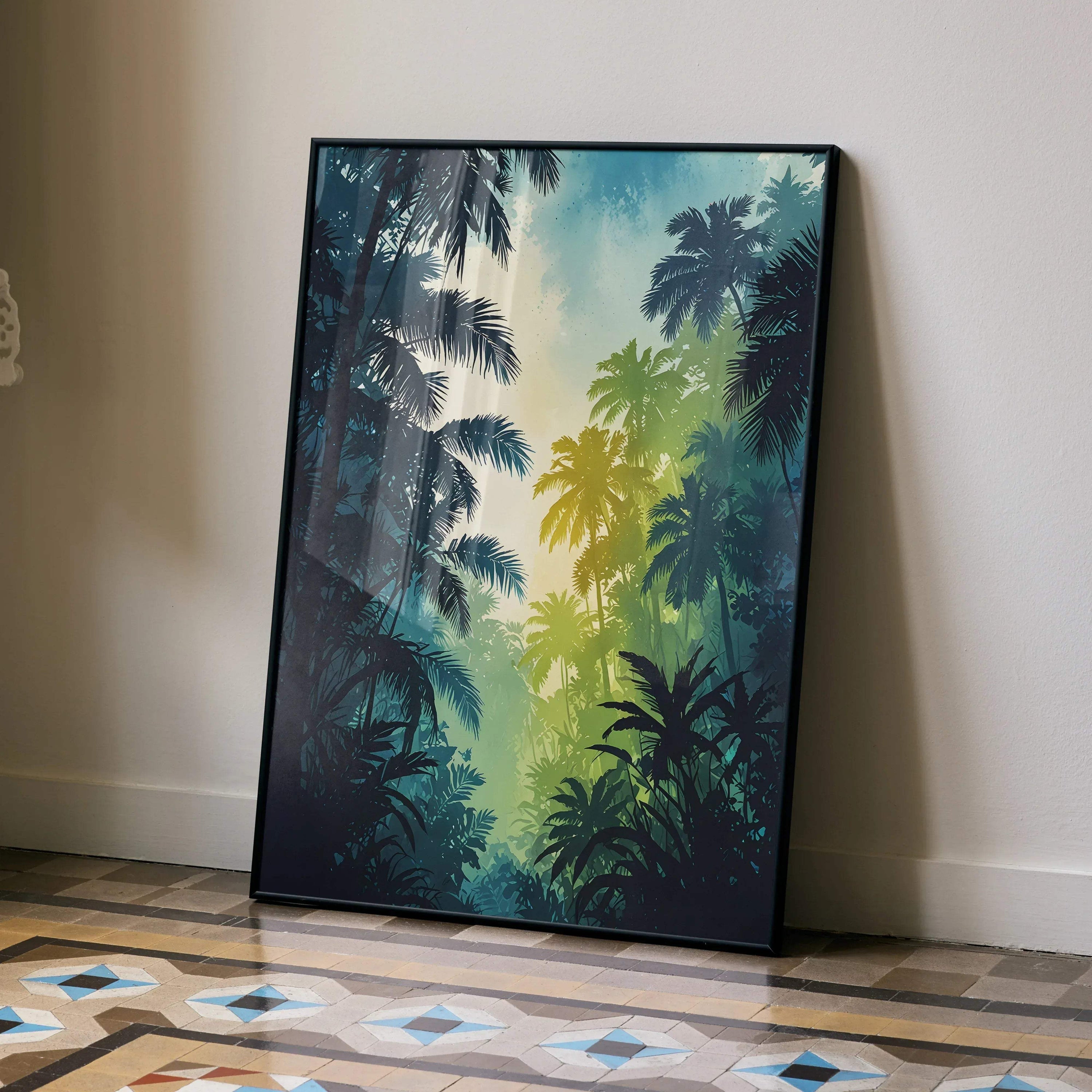 Vertical forest nature poster with watercolor style trees in blue and green shades wall art.