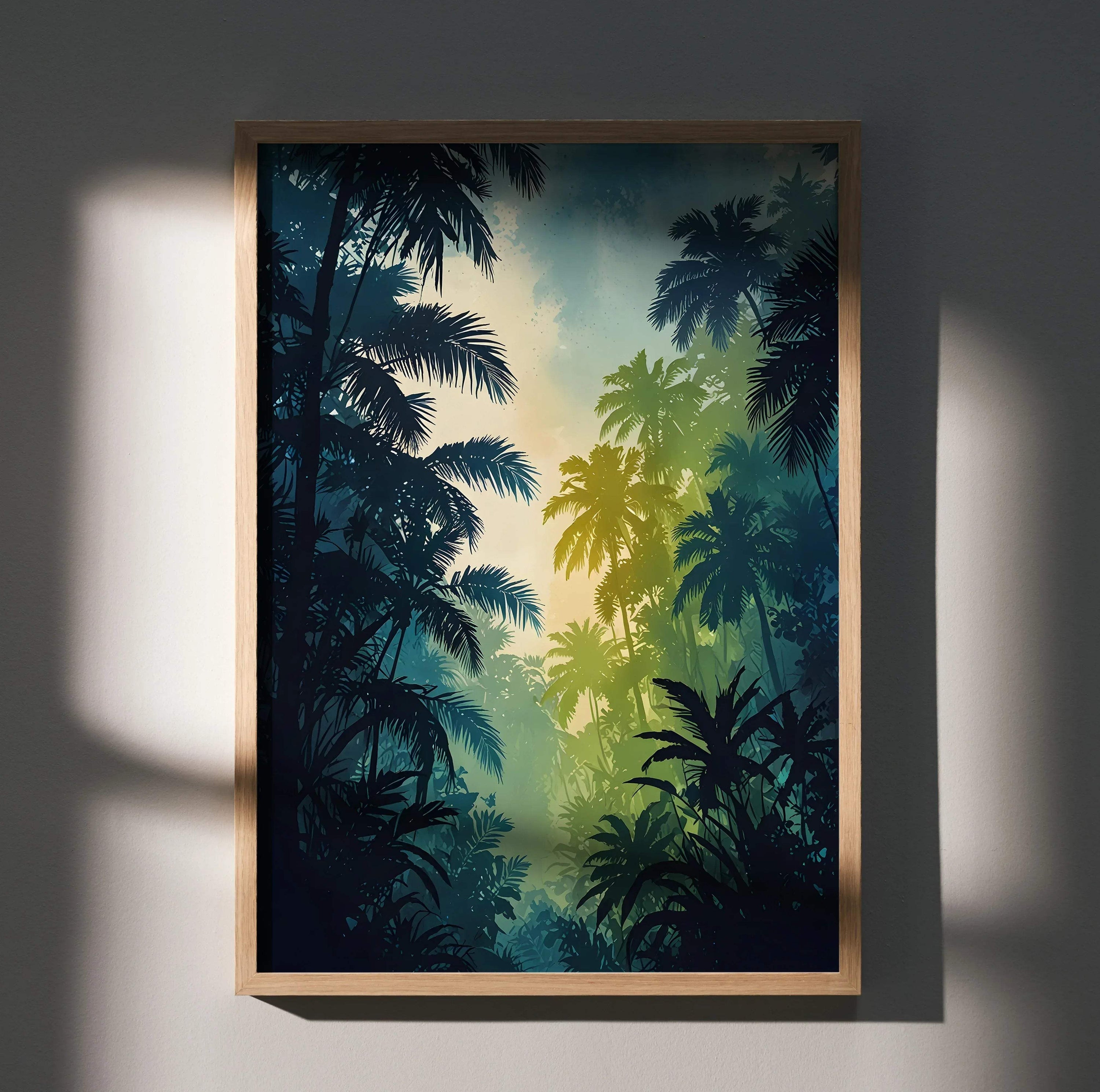 Watercolor style forest nature wall art poster with layered green and blue foliage in vertical frame.