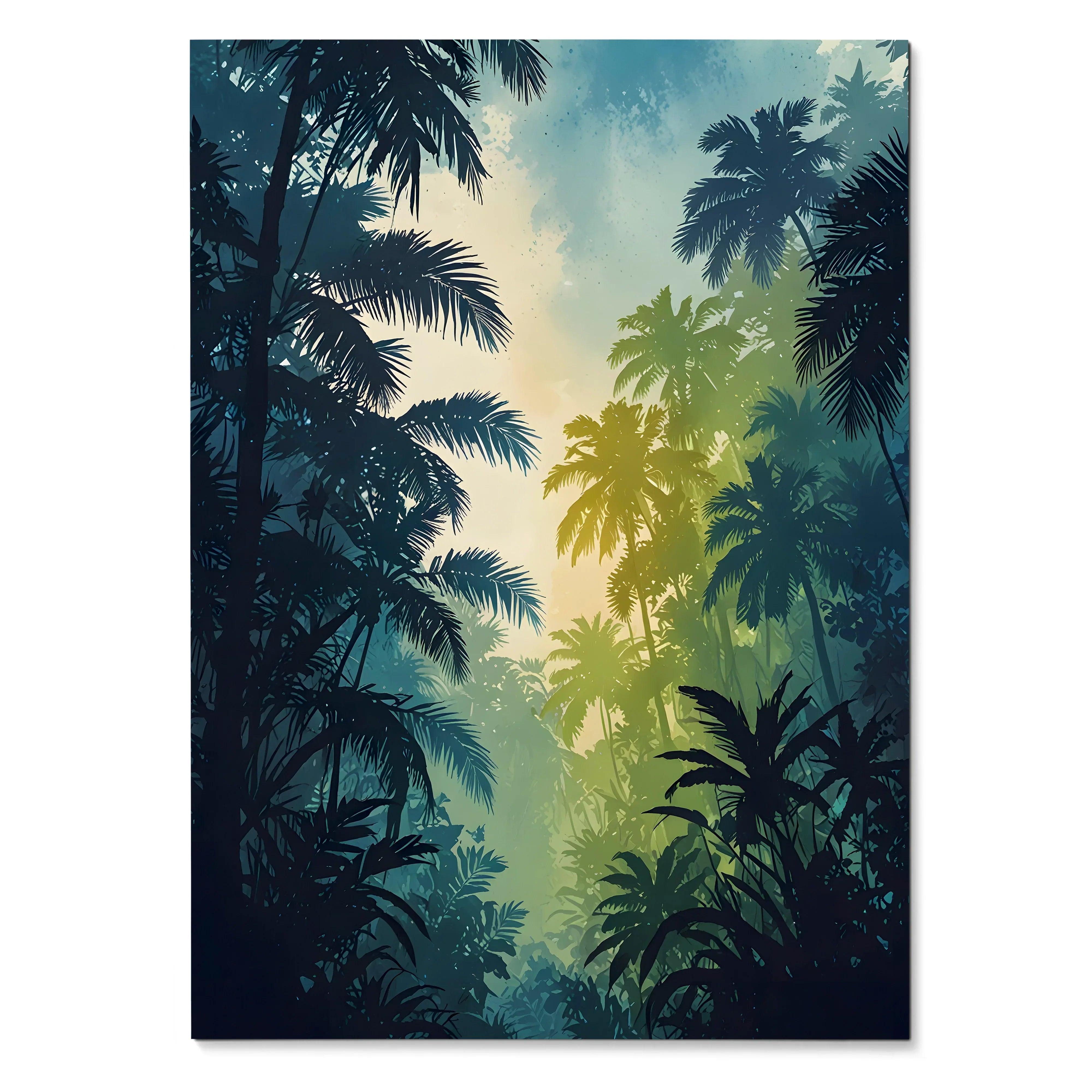 Vertical watercolor forest poster with lush silhouetted palm trees and misty light background wall art.